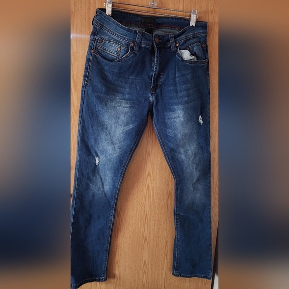 Blue Straight Fit Distressed Jeans - Picture 1 of 4